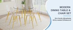 A modern minimalist style round transparent tempered glass table with gold metal legs